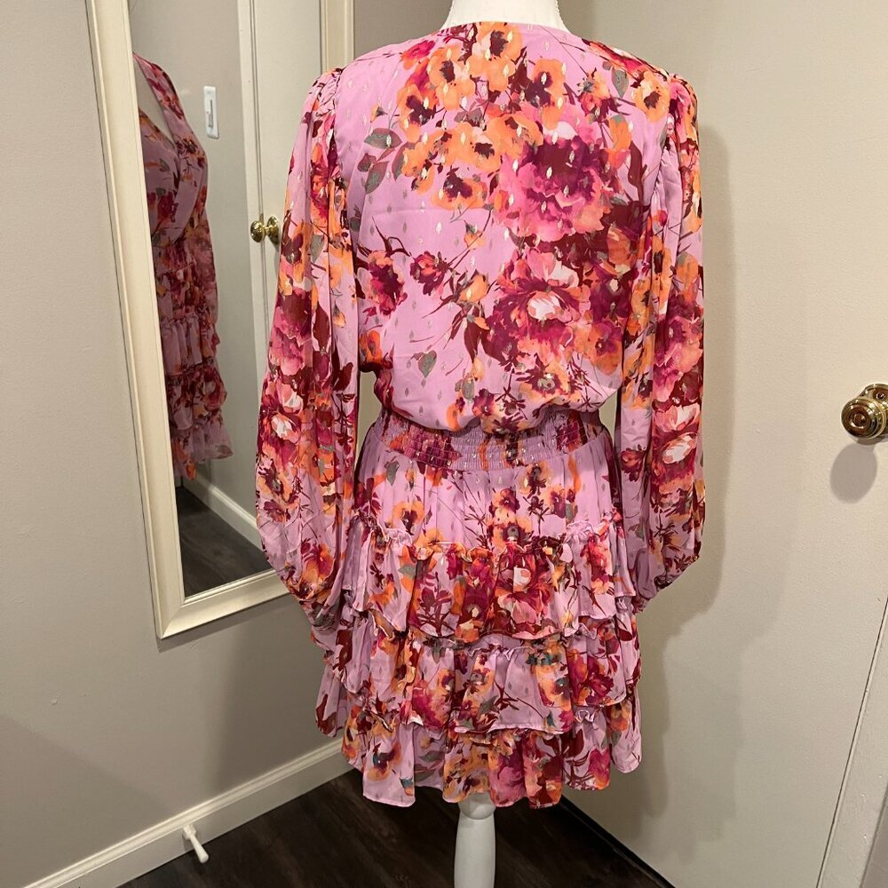 MSK Pink Floral Smocked Waist Tiered Mini Dress, Size Medium - Picture 12 of 16